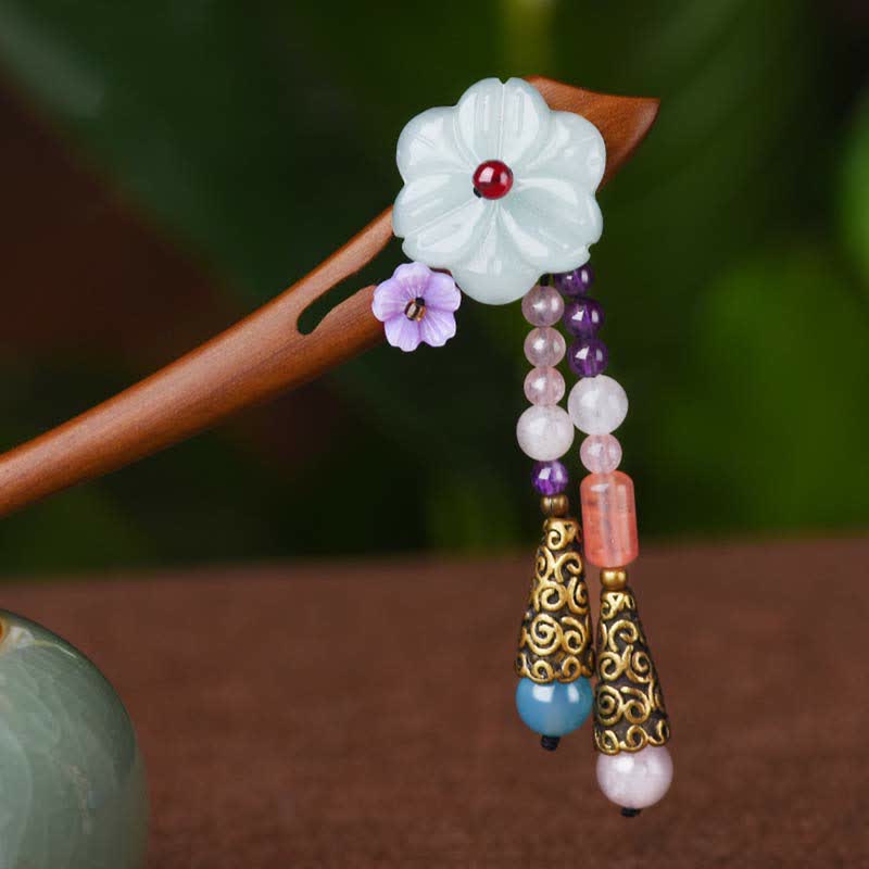 Épingle à cheveux de protection en bois de santal rouge, améthyste et aventurine, style chinois