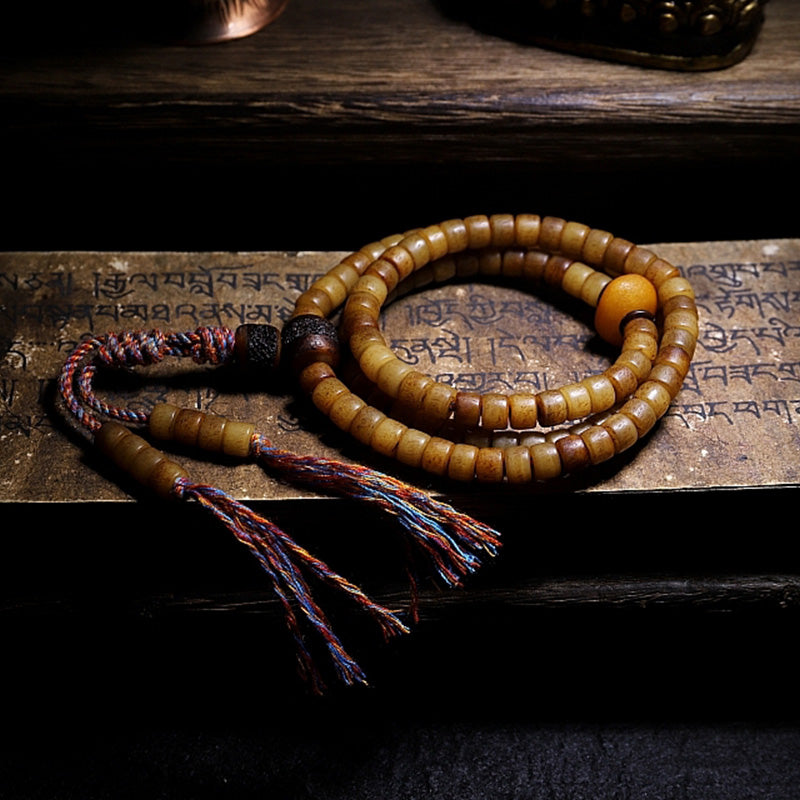 Bracelet Mala en os de yak et ambre à 108 perles pour l'équilibre