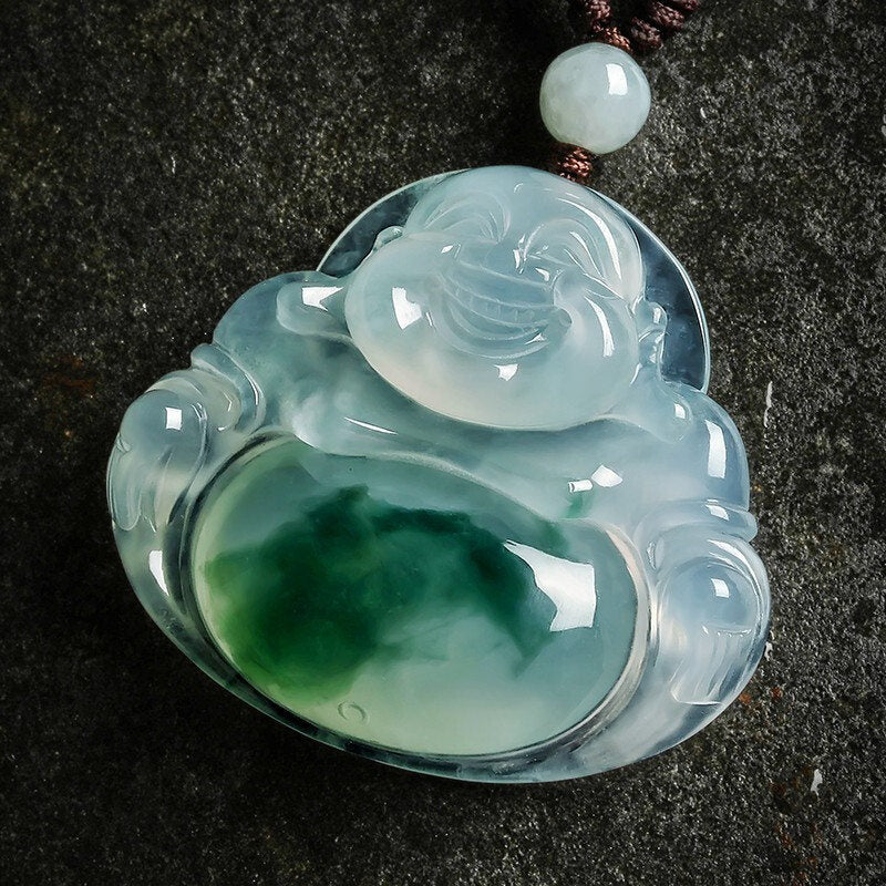 Collier pendentif porte-bonheur en jade cyan avec symbole de Bouddha