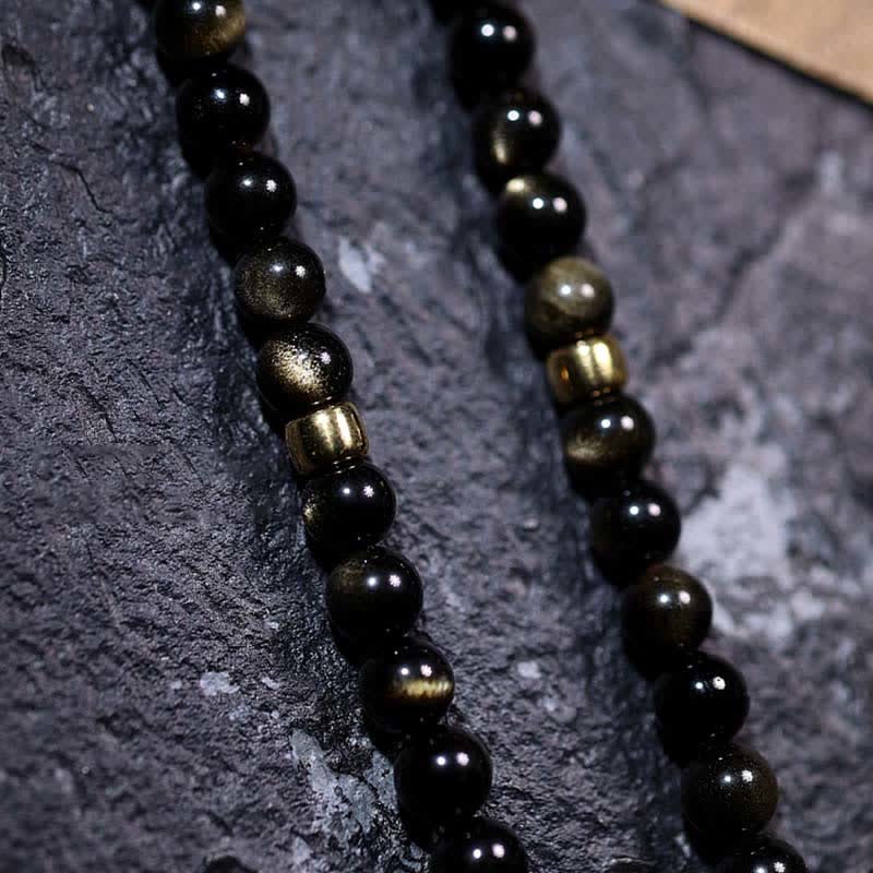 Bracelet de richesse en obsidienne œil-de-tigre à 108 perles dorées et brillantes