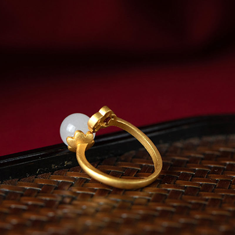 Bague ajustable en jade blanc avec nuage de bon augure et porte-bonheur