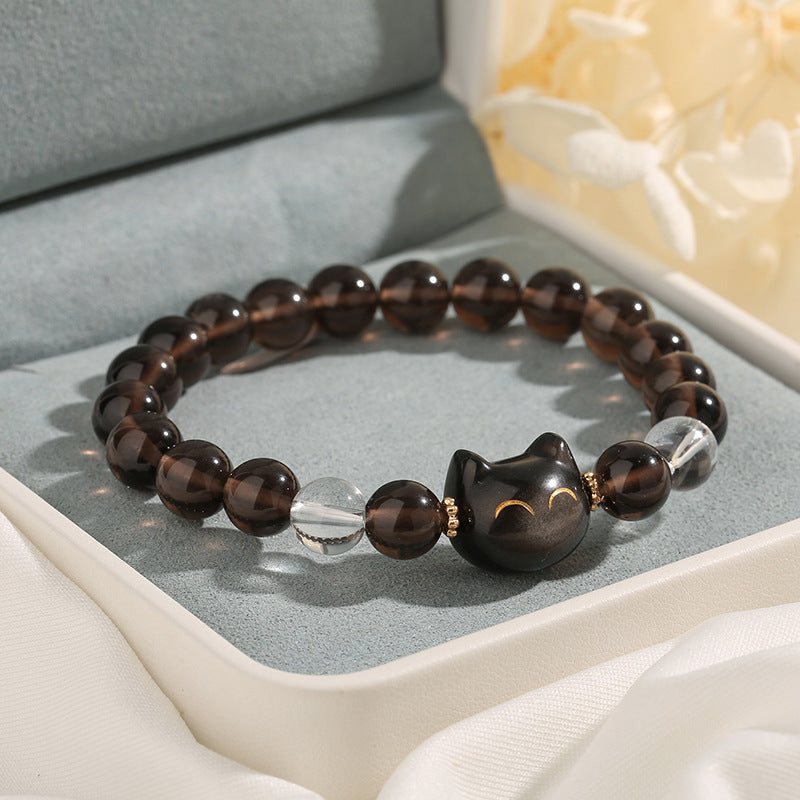 8mm Ice Obsidian Cat Charm Positive Unisex Bracelet