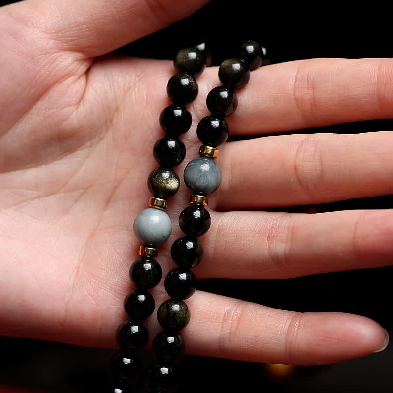 Bracelet de richesse en obsidienne œil-de-tigre à 108 perles dorées et brillantes