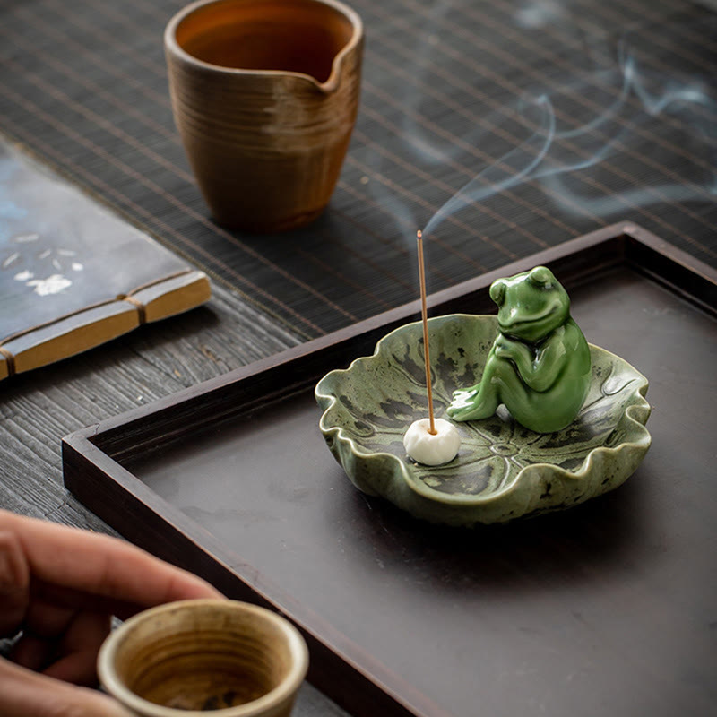 Ceramic Incense Burner | Lotus Leaf Meditation Frog 11cm