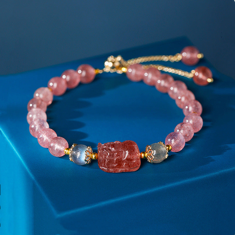 Bracelet de guérison Pixiu 6 mm avec aigue-marine, quartz fraise et améthyste