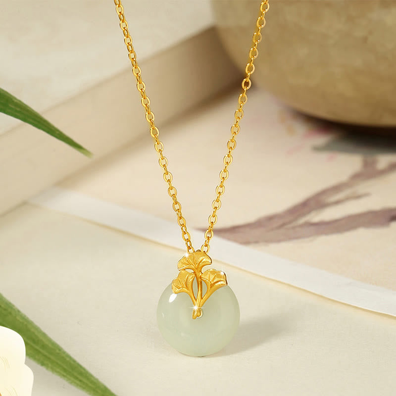 Collier de prospérité en argent sterling 925 et jade Hetian avec feuilles de ginkgo