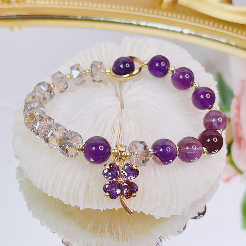 Amethyst Crystal Bracelet with Four Leaf Clover for Healing