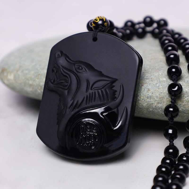 Collier pendentif de purification du loup en obsidienne noire