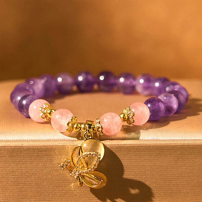 Bracelet à breloques papillon en quartz fraise et améthyste de 8 mm