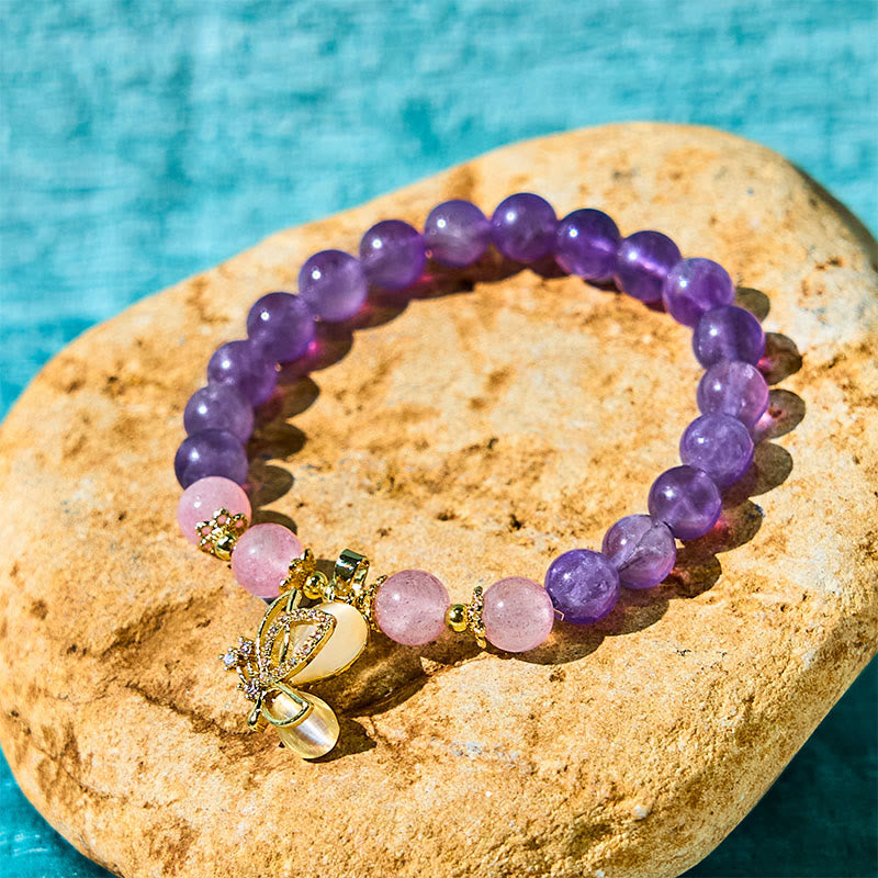 Bracelet à breloques papillon en améthyste et quartz fraise de 8 mm