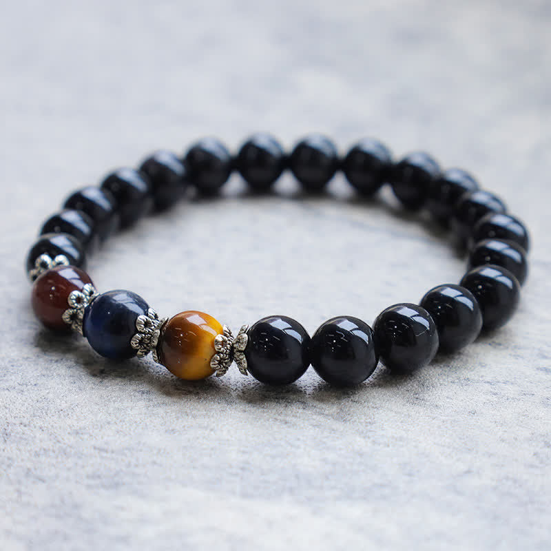 Bracelet de force en obsidienne noire tricolore œil de tigre 8 mm