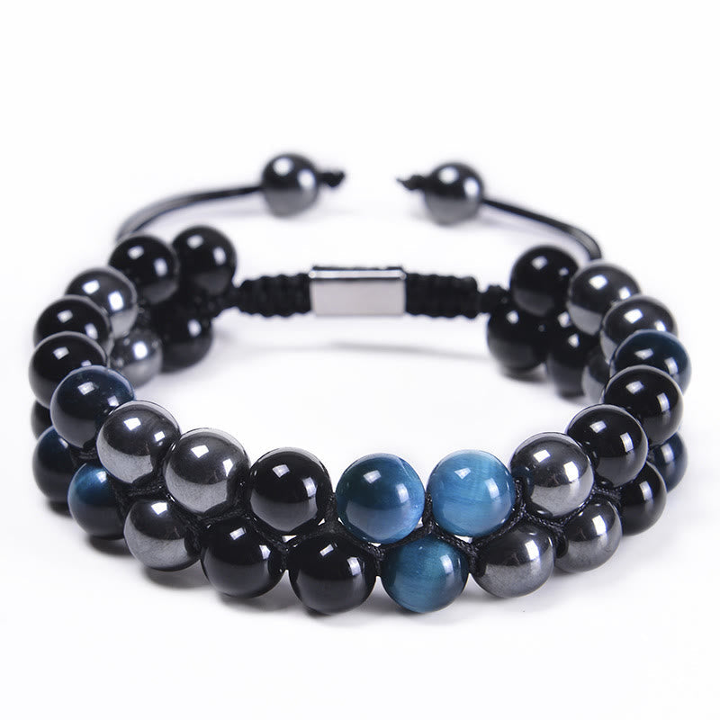 Bracelet œil de tigre bleu 8 mm avec obsidienne noire et magnétite