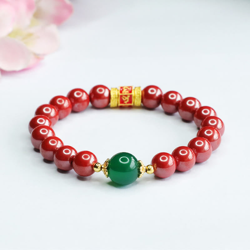 Bracelet Om Mani Padme Hum en agate verte cinabre de 8 mm