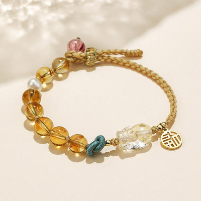Bracelet de prospérité en citrine de 8 mm avec personnage Fu et talisman PiXiu