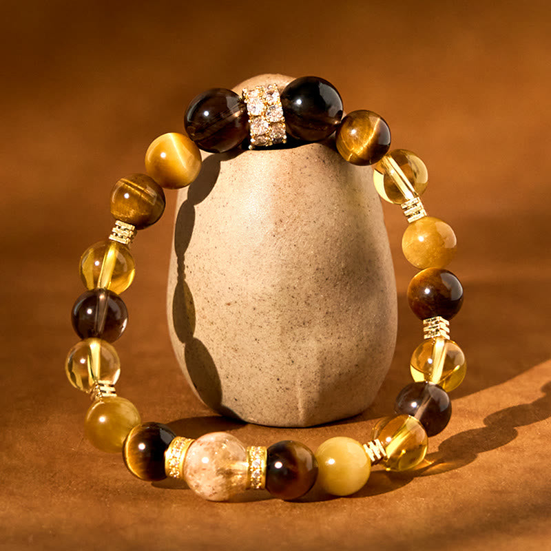 Bracelet bonheur 8 mm citrine topaze quartz fumé œil de tigre