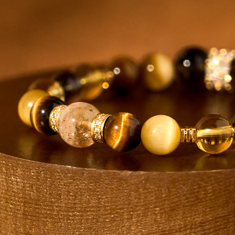 Bracelet bonheur 8 mm citrine topaze quartz fumé œil de tigre