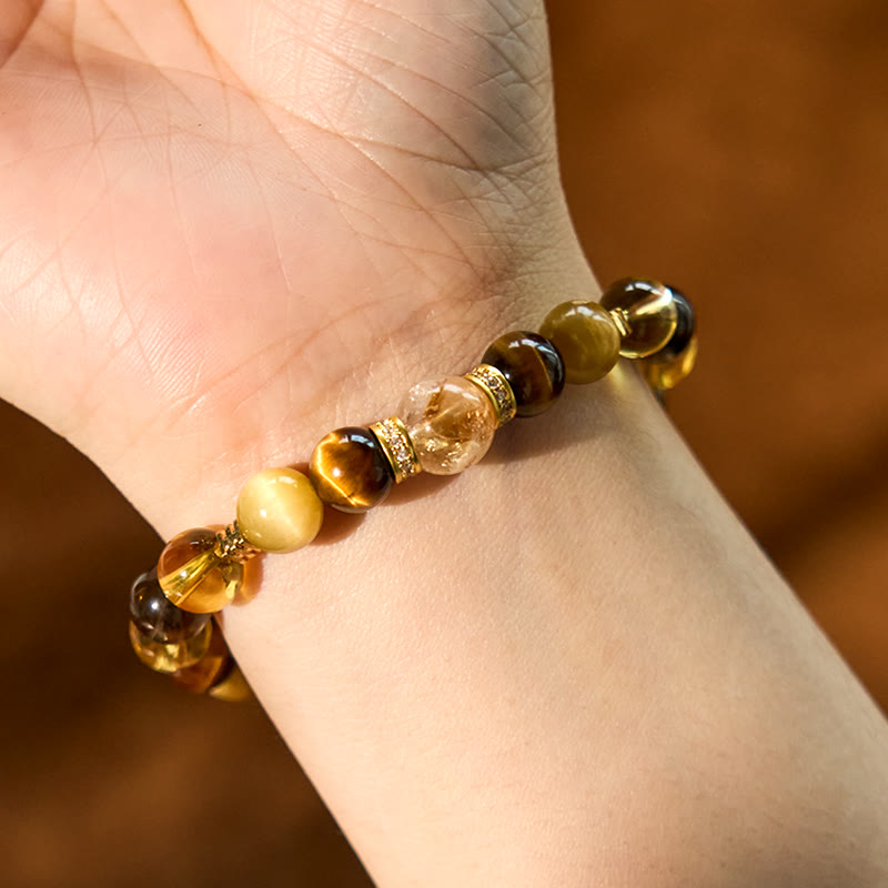Bracelet bonheur 8 mm citrine topaze quartz fumé œil de tigre