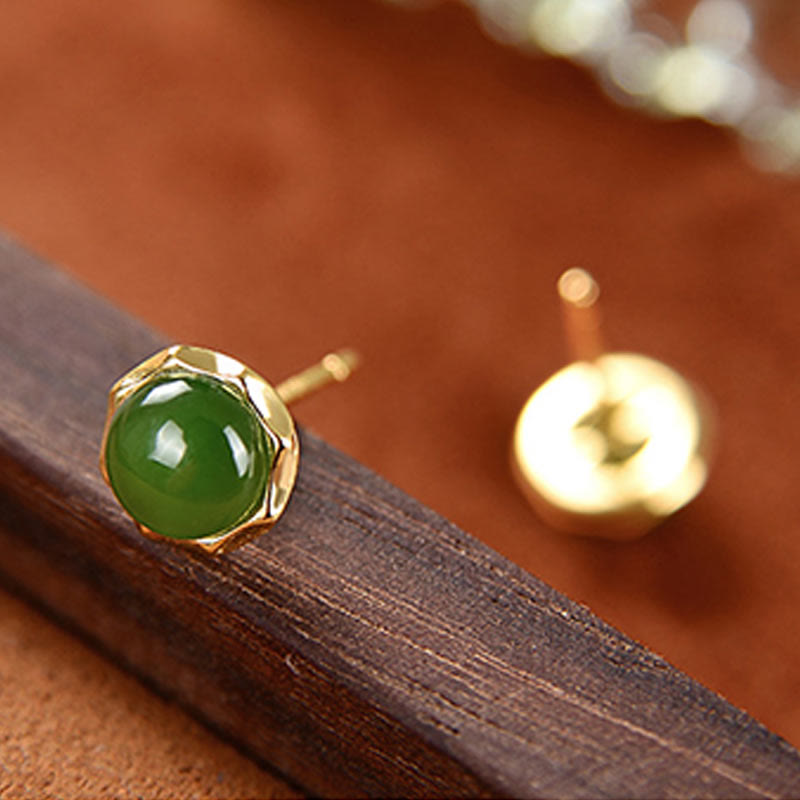 Boucles d'oreilles à tige en jade cyan de 8 mm en argent sterling plaqué or pour la chance