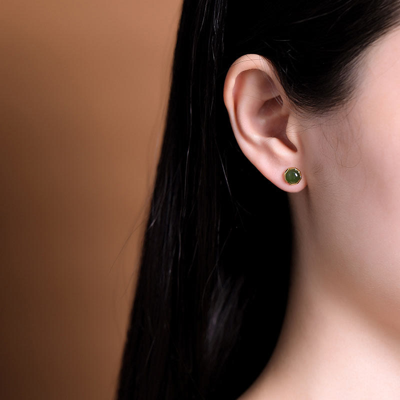 Boucles d'oreilles à tige en jade cyan de 8 mm en argent sterling plaqué or pour la chance