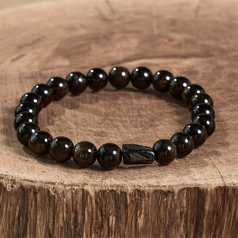 Bracelet de richesse en obsidienne et tourmaline noire brillante dorée de 8 mm, 14 cm