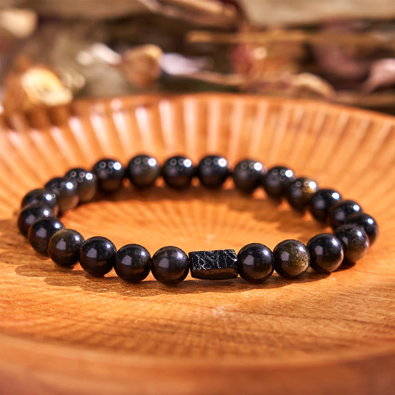 Bracelet de richesse en obsidienne et tourmaline noire brillante dorée de 8 mm, 14 cm
