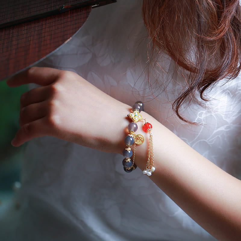 Bracelet d'équilibre en agate grise de 8 mm avec personnage Fu