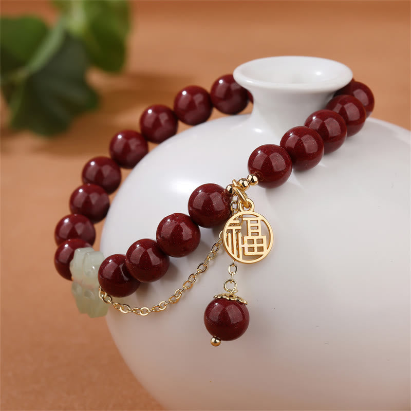 Bracelet en jade Hetian de 8 mm avec breloque de bénédiction Fu en cinabre