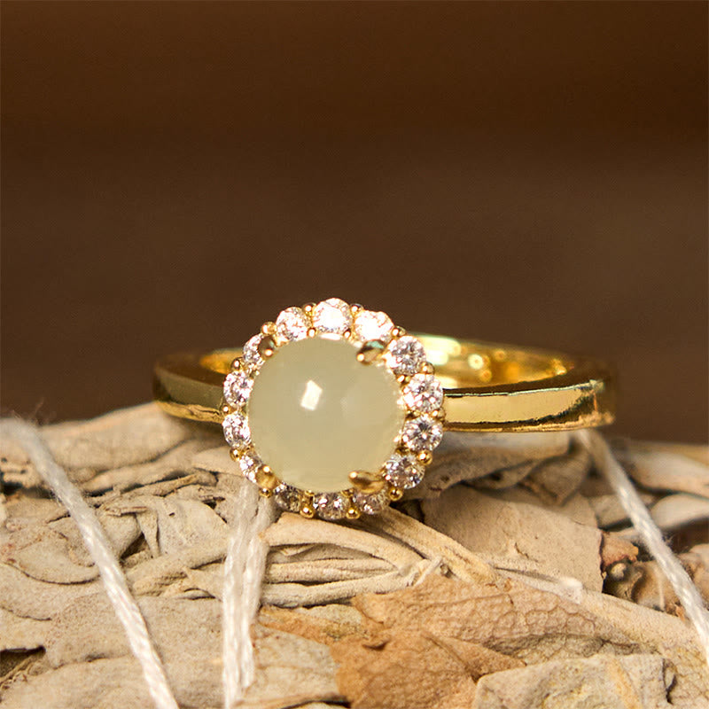 Bague ouverte en cuivre et jade Hetian de 8 mm pour la chance et la prospérité