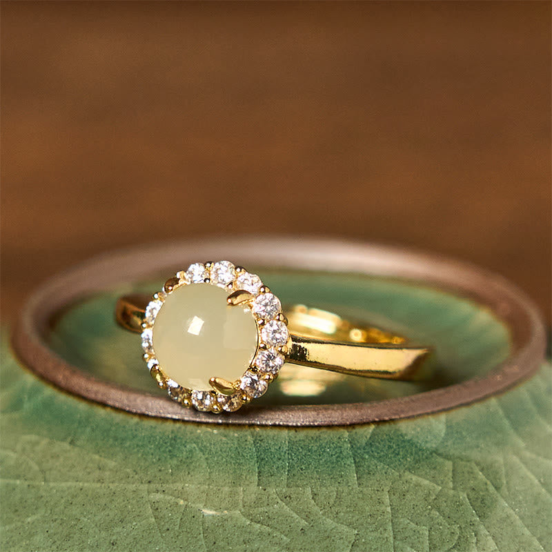 Bague ouverte en cuivre et jade Hetian de 8 mm pour la chance et la prospérité