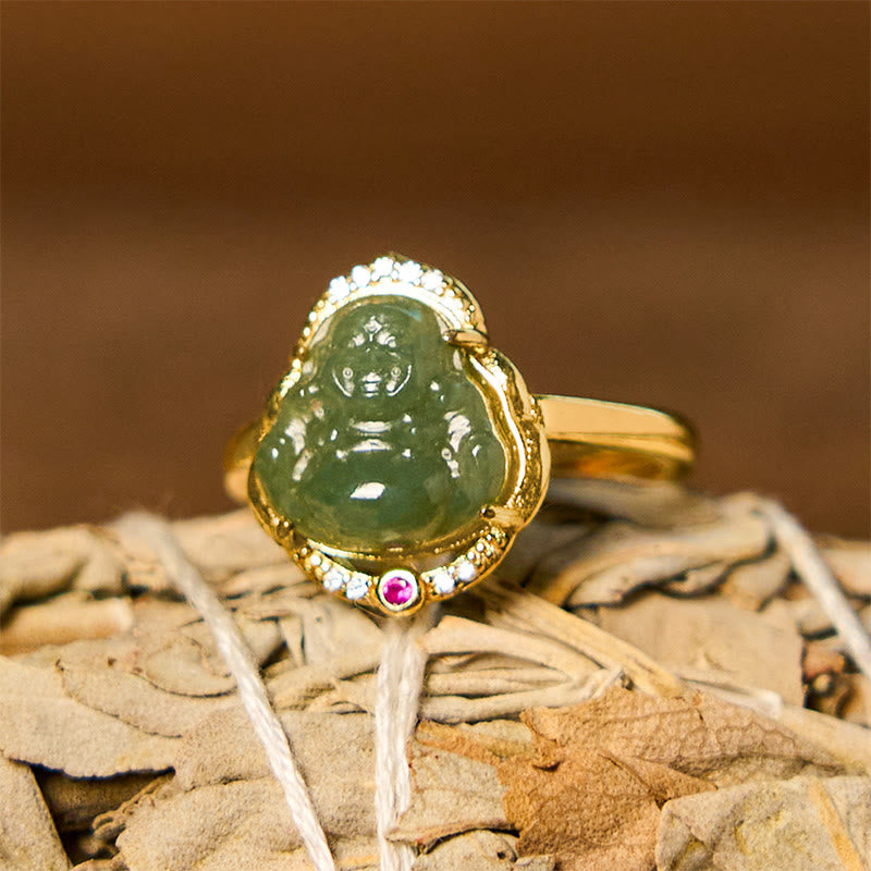 Bague Bouddha rieur en jade Hetian de 8 mm pour la chance et la prospérité