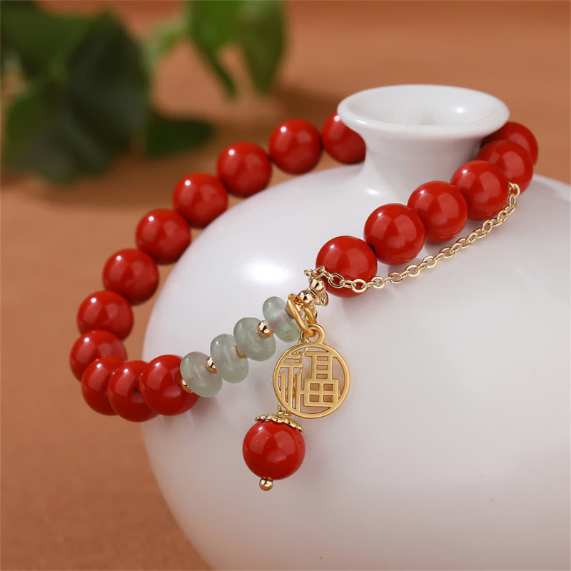 Bracelet en jade de 8 mm avec symbole cinabre et caractère Fu