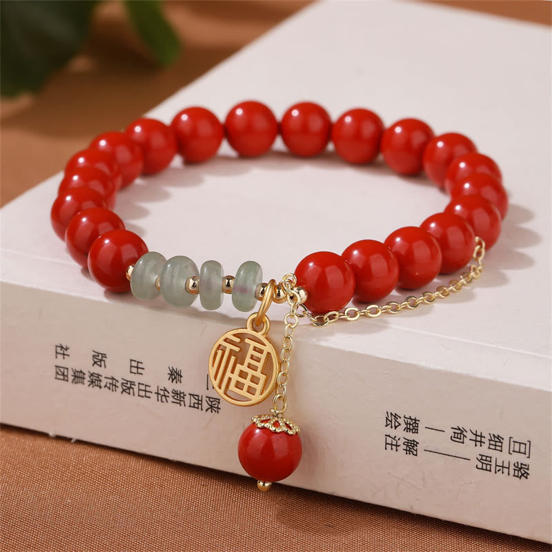 Bracelet en jade de 8 mm avec symbole cinabre et caractère Fu