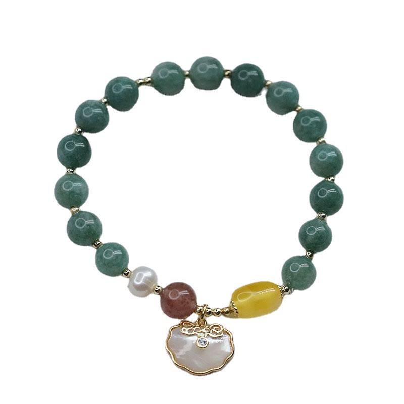 Bracelet porte-bonheur en jade et coquillage de 8 mm avec breloque cadenas Ruyi