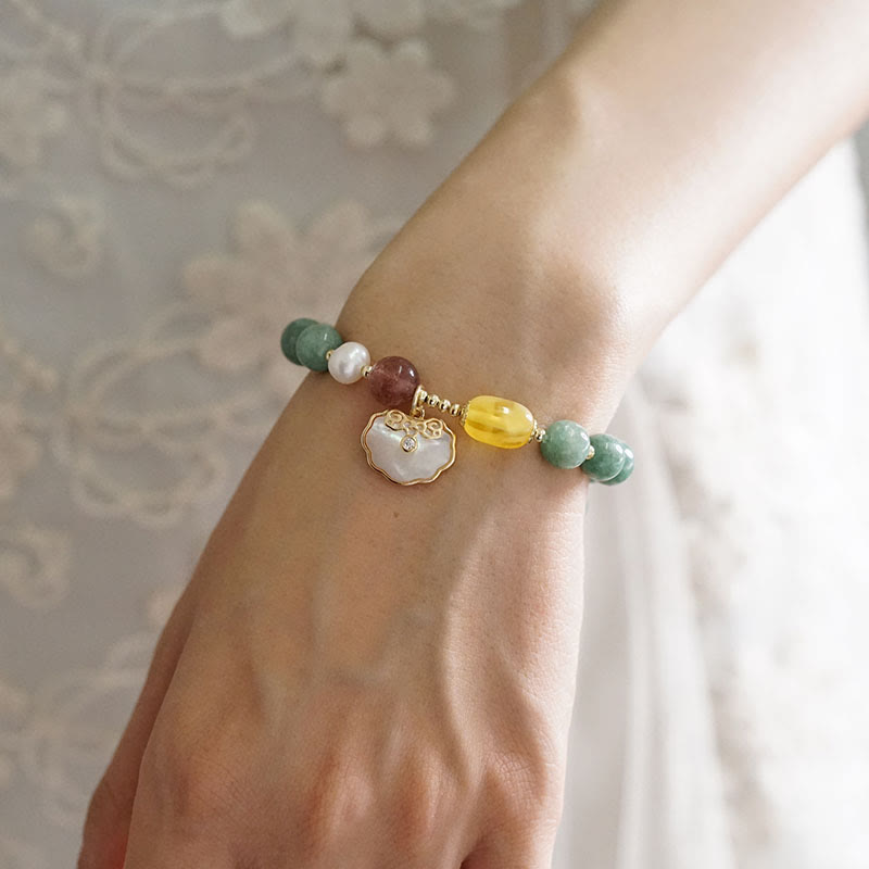 Bracelet porte-bonheur en jade et coquillage de 8 mm avec breloque cadenas Ruyi