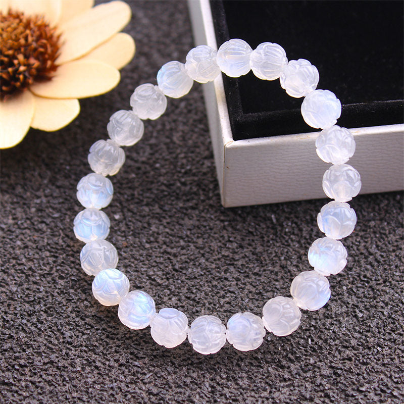 Bracelet en pierre de lune 8 mm Lotus Love pour le calme et la guérison