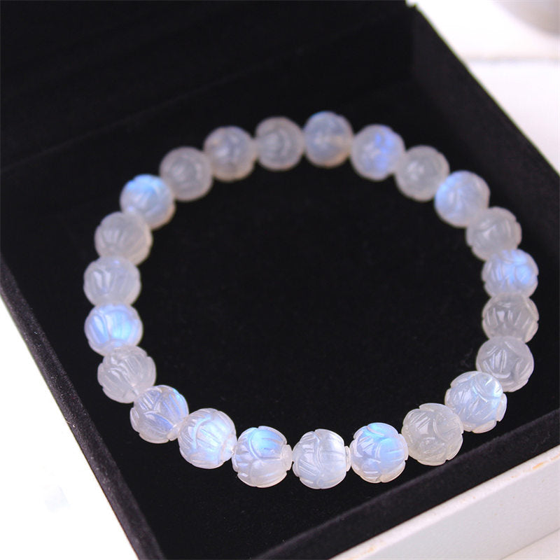 Bracelet en pierre de lune 8 mm Lotus Love pour le calme et la guérison