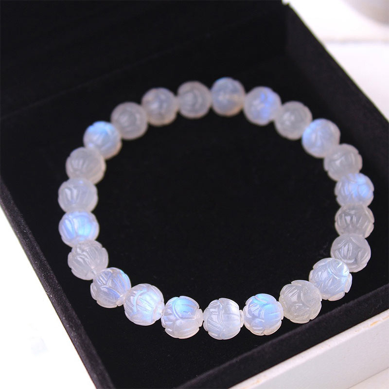 Bracelet en pierre de lune 8 mm Lotus Love pour le calme et la guérison