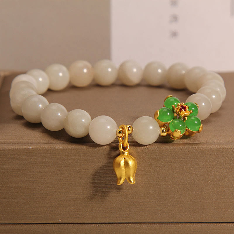 Bracelet fleur porte-bonheur en jade naturel de 8 mm