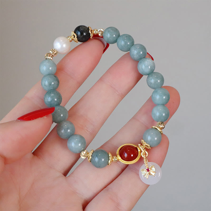 Bracelet porte-bonheur en jade naturel et agate rouge de 8 mm, motif nœud papillon