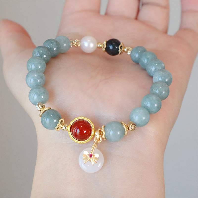 Bracelet porte-bonheur en jade naturel et agate rouge de 8 mm, motif nœud papillon
