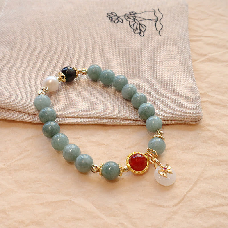 Bracelet porte-bonheur en jade naturel et agate rouge de 8 mm, motif nœud papillon