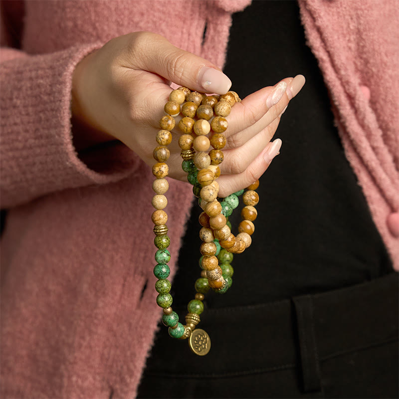 Bracelet Lotus Turquoise Jaspe Photo 8 mm pour la positivité et la croissance