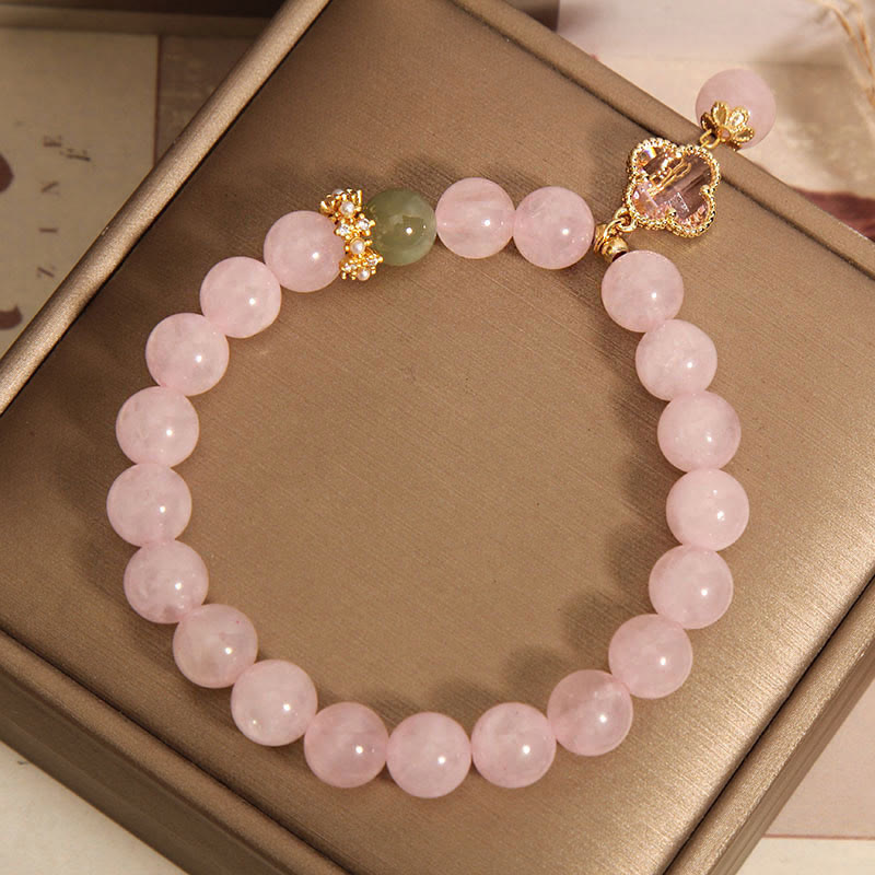 Bracelet trèfle à quatre feuilles apaisant en cristal rose de 8 mm