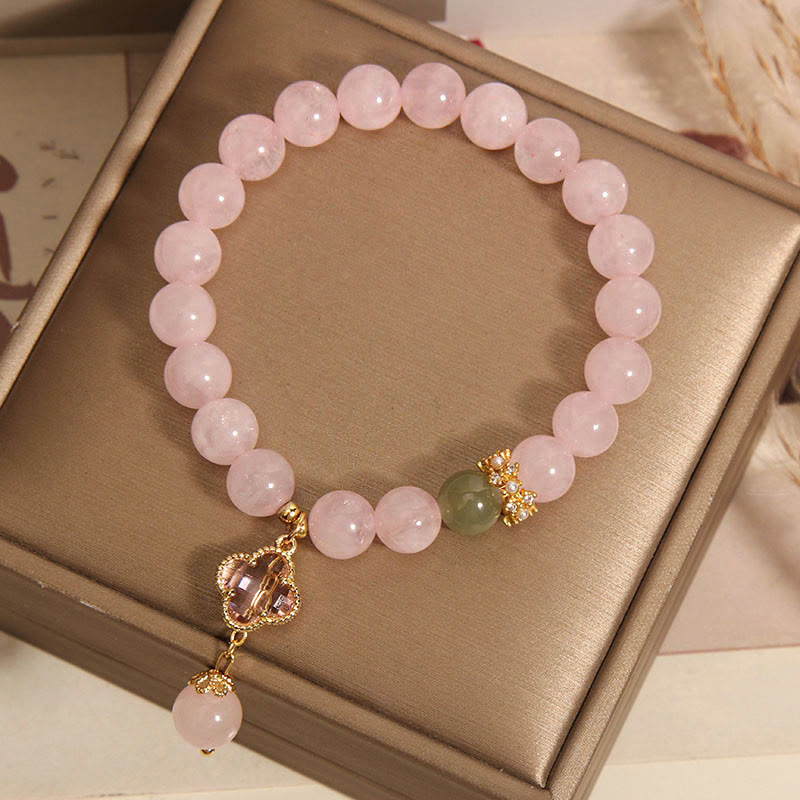 Bracelet trèfle à quatre feuilles apaisant en cristal rose de 8 mm