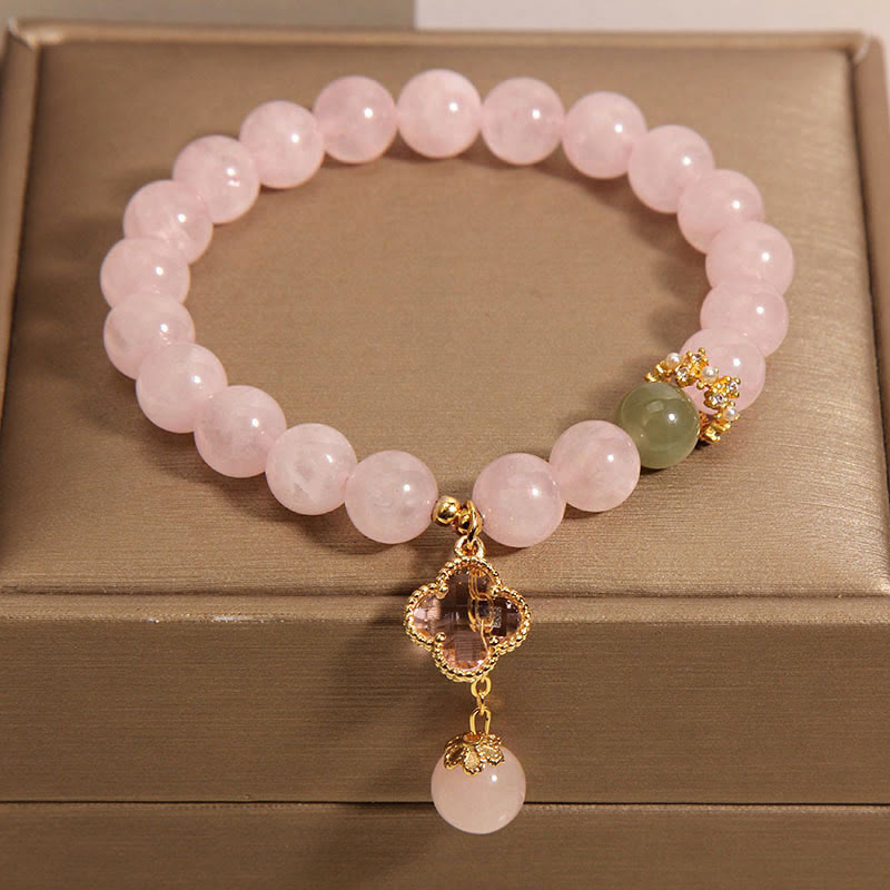 Bracelet trèfle à quatre feuilles apaisant en cristal rose de 8 mm