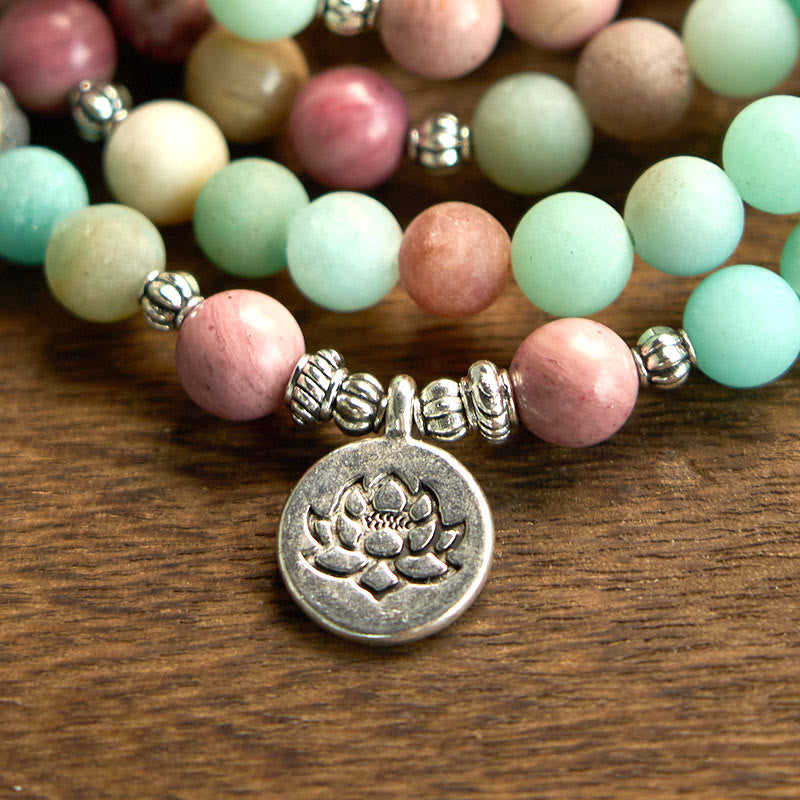 Bracelet Mala en rhodonite et amazonite de 8 mm avec pendentif lotus pour la méditation