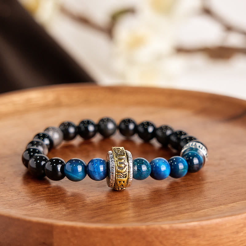 Bracelet de protection Om Mani Padme Hum en obsidienne argentée brillante de 8 mm
