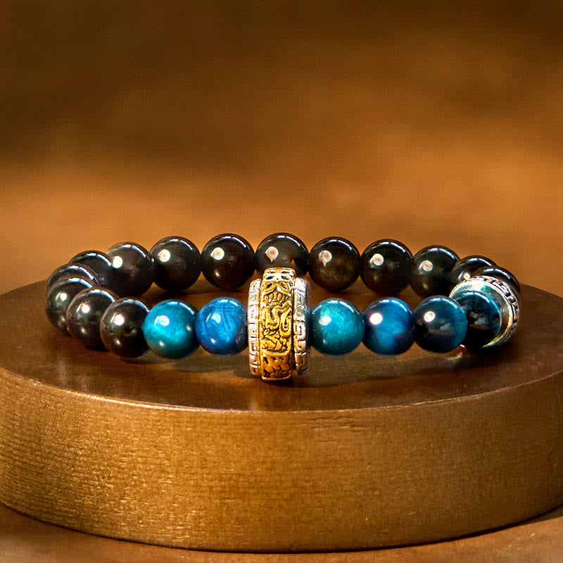 Bracelet de protection Om Mani Padme Hum en obsidienne argentée brillante de 8 mm