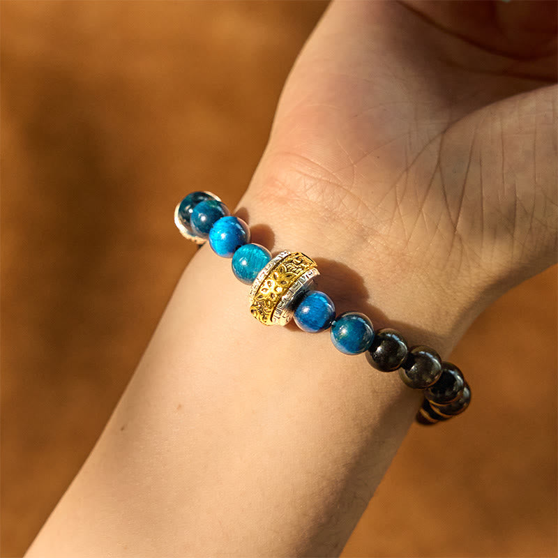Bracelet de protection Om Mani Padme Hum en obsidienne argentée brillante de 8 mm