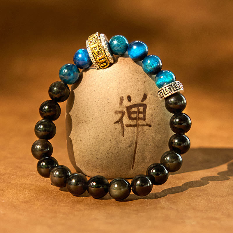 Bracelet de protection en obsidienne argentée brillante de 8 mm avec œil de tigre bleu